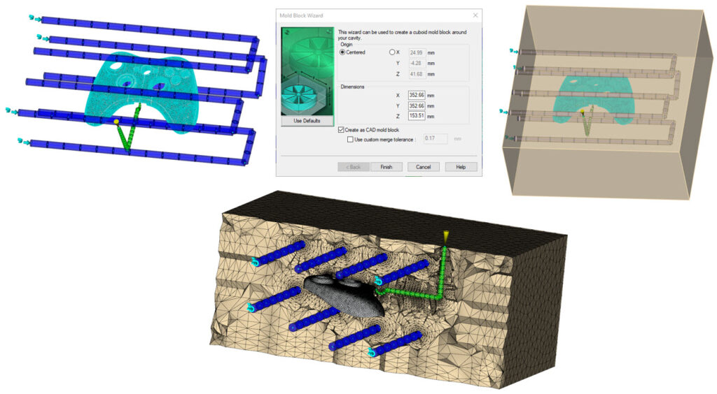 An open window shows the mold block wizard where you can choose between centered and dimensions.