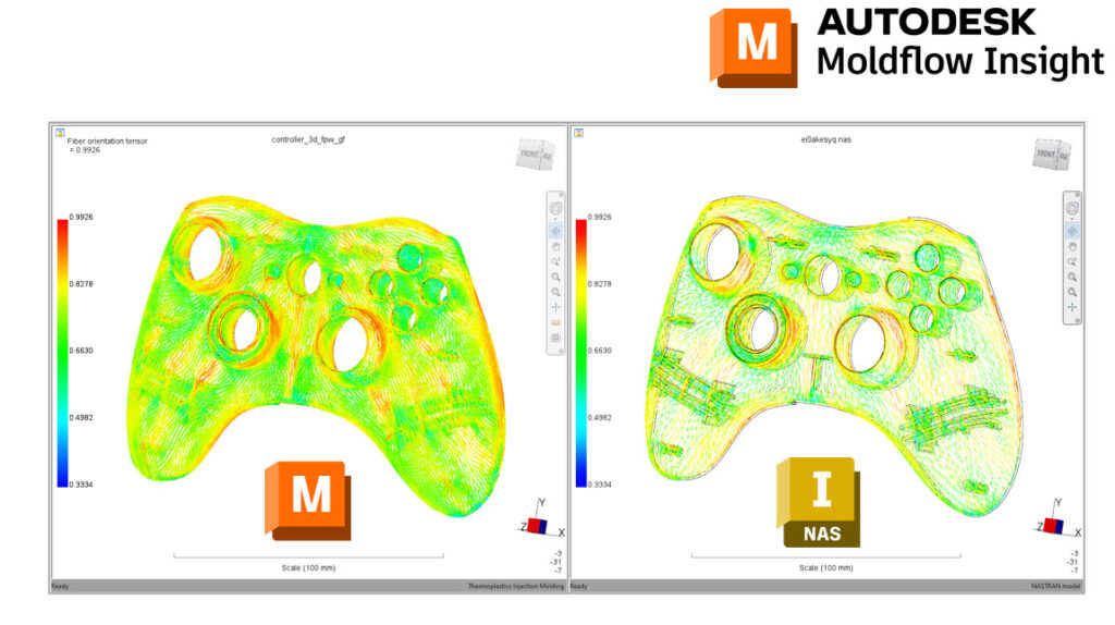 You can see two fiber filled components in Moldflow and FEA.